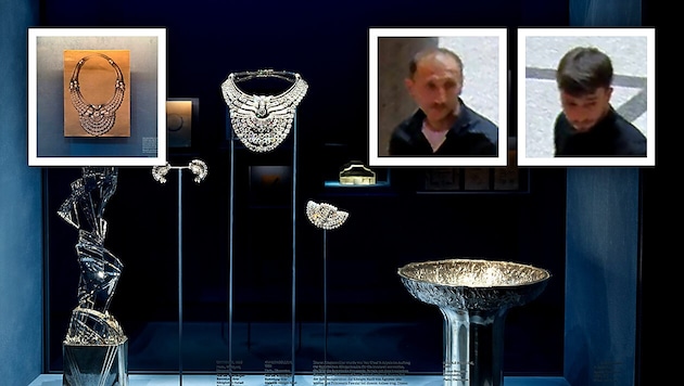 Nur noch ein Bild erinnert an das Diamant-Collier im Wiener MAK. Die Fahndung nach den beiden ...