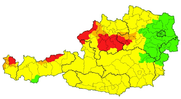 Eine Karte der Unwetterzentrale zeigt die Unwetterwarnungen für Österreich.
