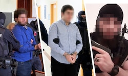 Swift-Attentäter Beran A. (li.) und der Wiederholungsterrorist Ali K. (Mi.) werden von Derad ...