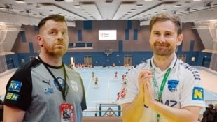 Krems-Coach Ibish Thaqi (li.) fordert Vöslau-Trainer Sebastia Salvat (re.)
