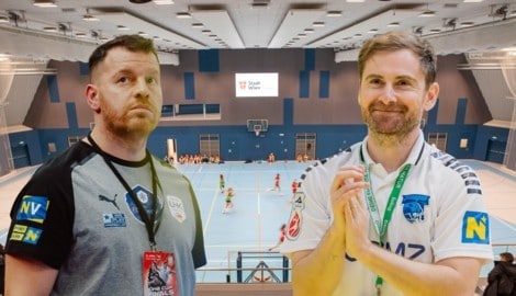 Krems-Coach Ibish Thaqi (li.) fordert Vöslau-Trainer Sebastia Salvat (re.)