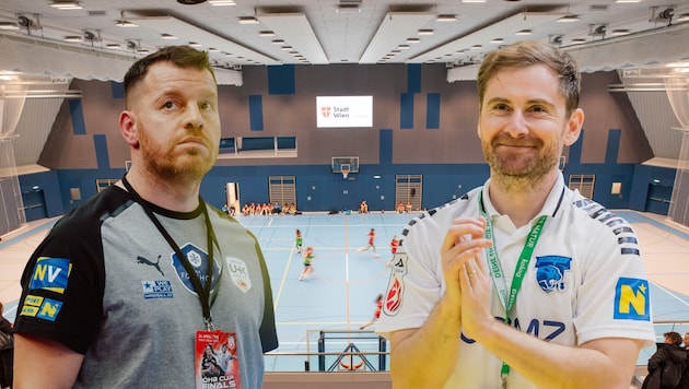 Krems-Coach Ibish Thaqi (li.) fordert Vöslau-Trainer Sebastia Salvat (re.)