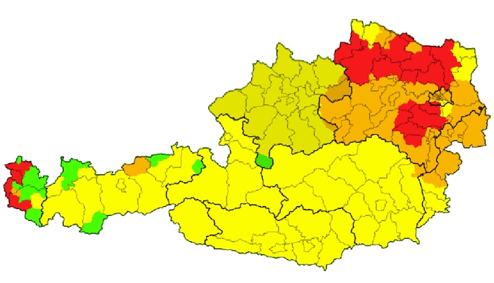Eine Karte der Unwetterzentrale zeigt die Unwetterwarnungen für Österreich.