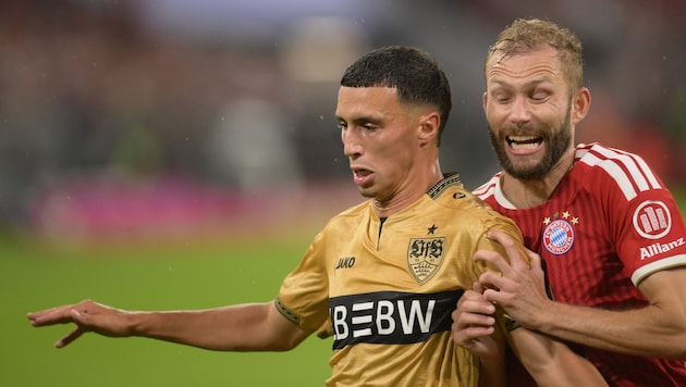 ÖFB-Teamspieler Konrad Laimer (Im Bild im Zweikampf mit Stuttgarts El Khannouss) gelang mit den ...