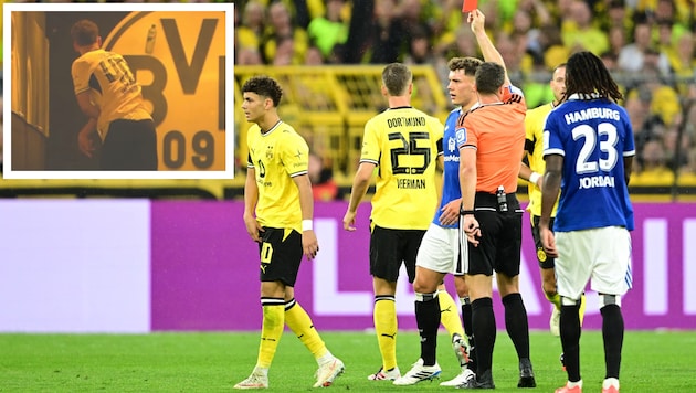Samuele Inacio sah die Rote Karte und warf danach eine Flasche auf das BVB-Logo.