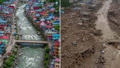 Bilder vor und nach der Zerstörung des Distrikts Rasuwa in Nepal. 