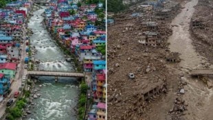 Bilder vor und nach der Zerstörung des Distrikts Rasuwa in Nepal. 