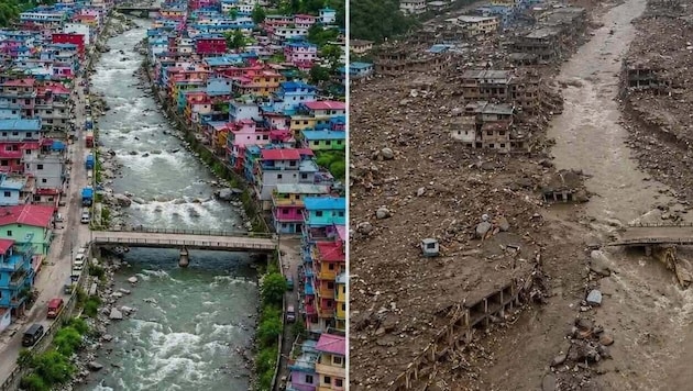 Bilder vor und nach der Zerstörung des Distrikts Rasuwa in Nepal.