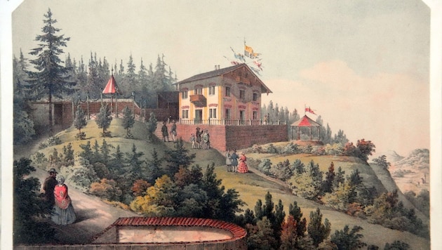 Die Kaiser Franz Josef-Anlagen mit Schweizerhaus auf dem Kreuzbergl, gemalt um 1856