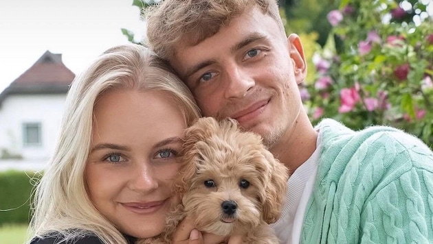 Nikolas Veratschnig mit Freundin Sarah und Hund Bruno.