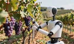 Intelligente Roboter (KI-Bild) stehen zwar noch nicht im Weingarten, im Weinkeller ist KI aber ...