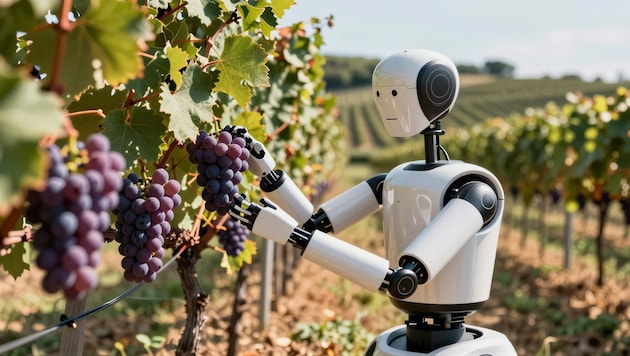 Intelligente Roboter (KI-Bild) stehen zwar noch nicht im Weingarten, im Weinkeller ist KI aber ...