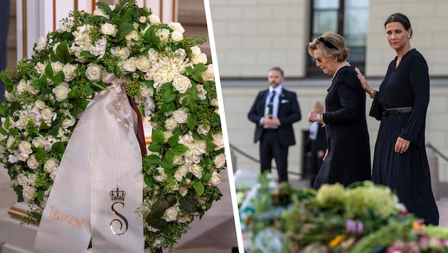 Neben dem Sarg von König Harald liegt der Blumengruß seiner Frau, Königin Sonja: „Danke für ein ...