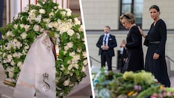 Neben dem Sarg von König Harald liegt der Blumengruß seiner Frau, Königin Sonja: „Danke für ein ...