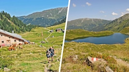 Von der Neuen Bamberger Hütte (links) geht es weiter hinauf zum Unteren Wildalmsee. (rechts).