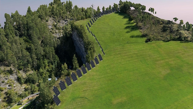Bei der Felswandkante auf der Steinerleitn werden PV-Bäume „gepflanzt“ (KI-generierte ...