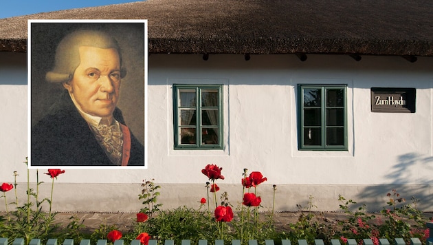 Musikkomponist Joseph Haydn und das bäuerliche Haus, in dem er 1732 zur Welt kam.