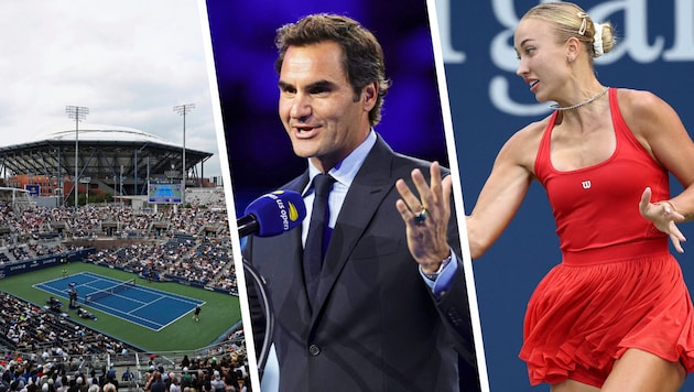 Bis zu 75.000 Fans stürmen täglich die Anlage in New York. Roger Federer (Mitte) liebt die US ...
