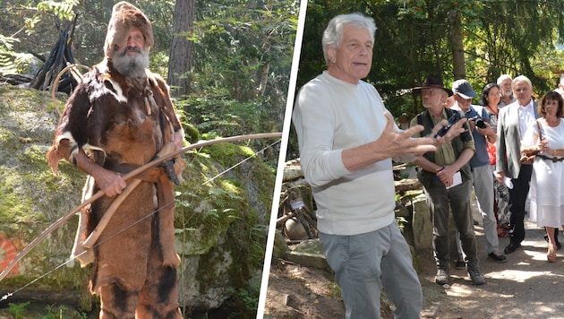 Prof. Walter Leitner erklärte den Zeitzeugen das im Ötzidorf nachgebaute, karge Leben in der ...