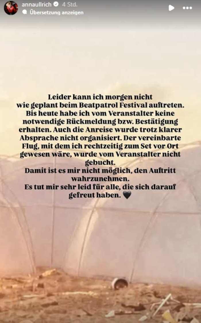 Anna Ullrich hat ihren Samstagsauftritt auf dem Festival bereits abgesagt.