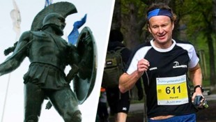 Leonidas empfängt die Finisher beim Spartathlon, den sich auch Harald Wurm „antut“.