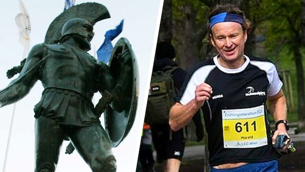 Leonidas empfängt die Finisher beim Spartathlon, den sich auch Harald Wurm „antut“.