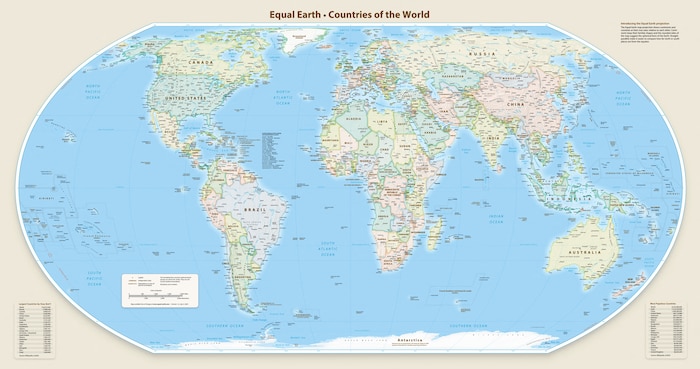 So sieht die neue Weltkarte nach der „Equal Earth“-Projektion aus: Afrika wird deutlich größer ...