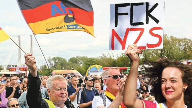 Wahlplakate an allen Ecken Magdeburgs, davor AfD-Fans - und das genaue Gegenteil davon. ...