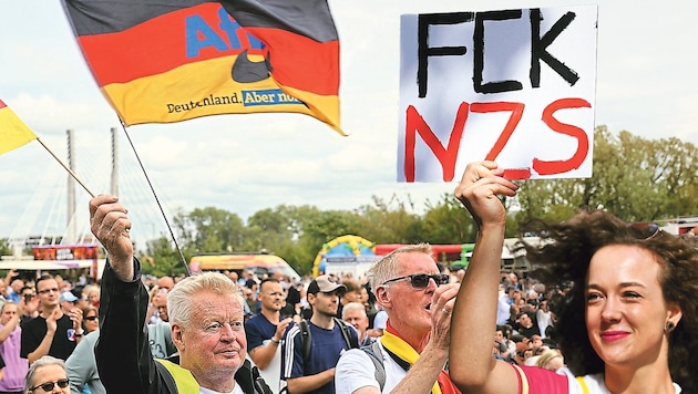 Wahlplakate an allen Ecken Magdeburgs, davor AfD-Fans - und das genaue Gegenteil davon. ...