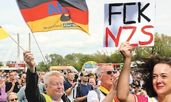 Wahlplakate an allen Ecken Magdeburgs, davor AfD-Fans - und das genaue Gegenteil davon. ...