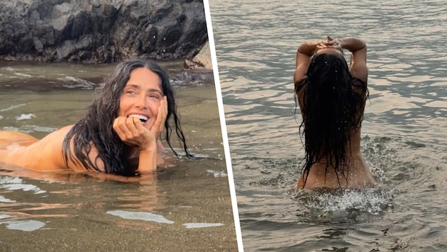 Hollywood-Star Salma Hayek feiert ihren runden Geburtstag mit einem Nacktbade-Auftritt im Meer.