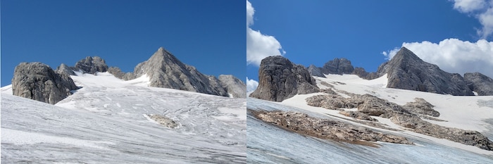 Links der Gletscher im Jahr 2006, rechts ein Bild aus 2026.