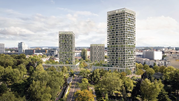 Der Entwurf sieht drei unterschiedlich hohe Türme mit 94, 72 und 51 Metern vor.