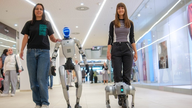 Der humanoide Roboter ist 1,25 Meter hoch, der Hund hat Spanielgröße.