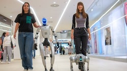Der humanoide Roboter ist 1,25 Meter hoch, der Hund hat Spanielgröße.