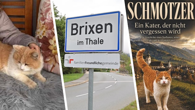 Der Brixener Dorfkater „Schmotzer“ in liebevoller Umgebung (links) und auf dem Buchcover