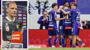 Die Wiener Austria jubelt über den 2:1-Sieg – sehr zum Unverständnis von Lustenau-Goalie Domenik ...