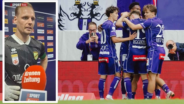 Die Wiener Austria jubelt über den 2:1-Sieg – sehr zum Unverständnis von Lustenau-Goalie Domenik ...