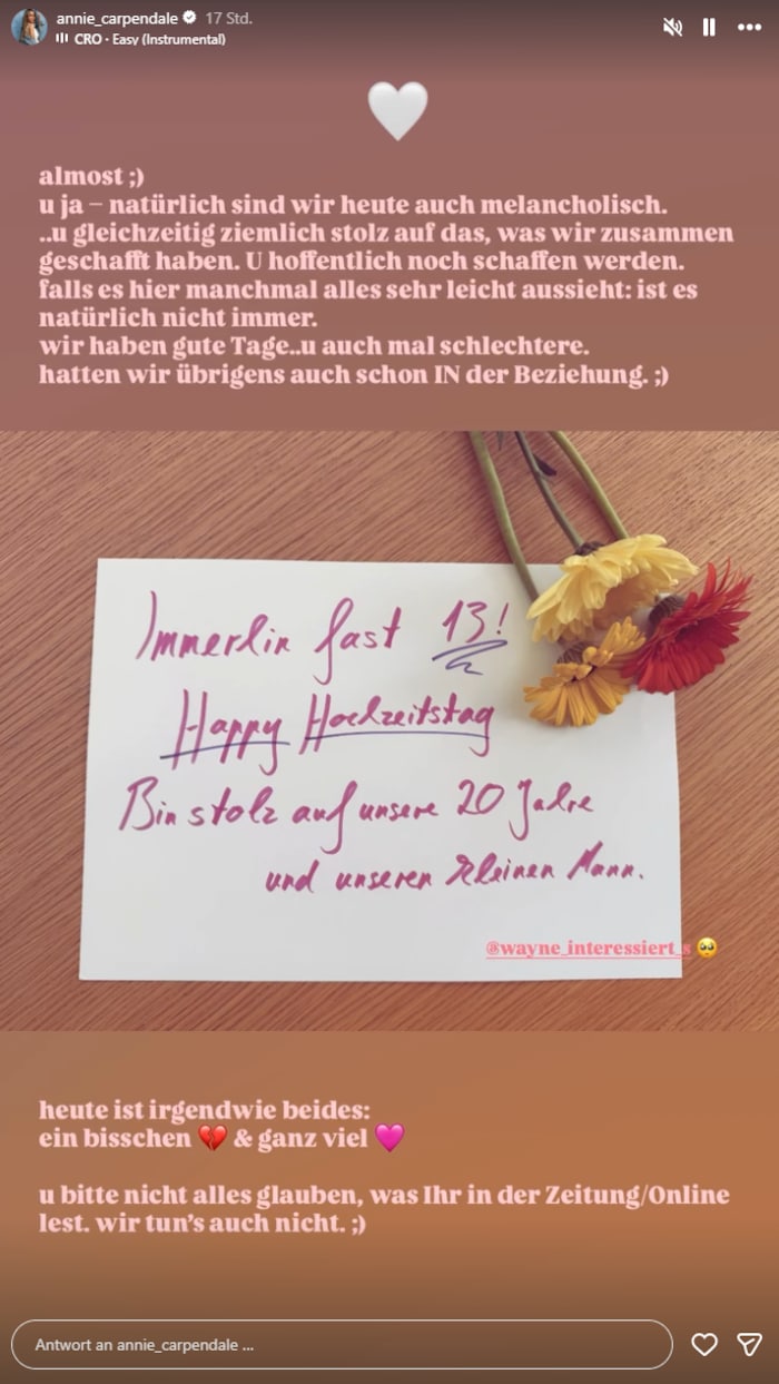 In ihrer Story erinnert Annemarie Carpendale daran, dass sie mit Wayne im September ihren 13. ...