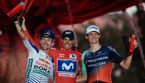 Das Vuelta-Podium: Roglic, Mas und Gall (v.l.). 