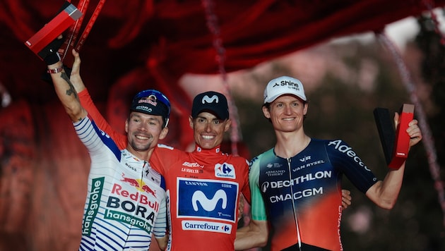 Das Vuelta-Podium: Roglic, Mas und Gall (v.l.).