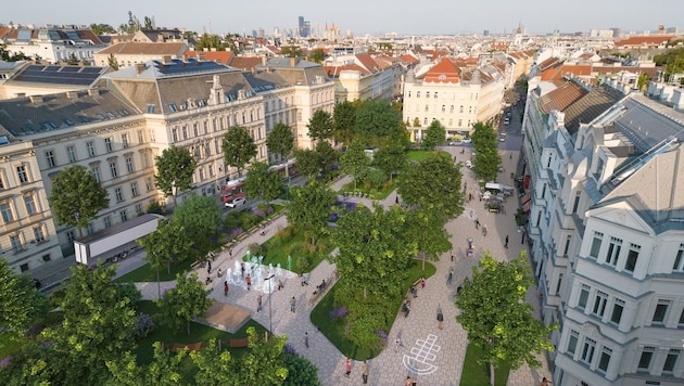 Das Rendering zeigt die Neugestaltung des Aumannplatzes.