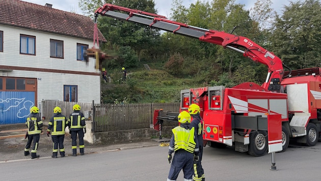 Mit einem Kran und speziellem Bergegeschirr wurde das tote Pferd von der Terrasse gehoben.
