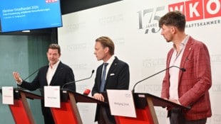 Hinter den Rednerpulten: Nikolaus Gstättner, Raimund Haberl und Wolfgang Ziniel. (von links nach ...
