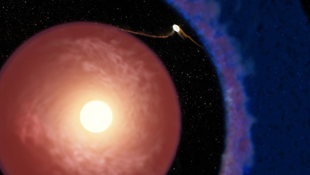 „Elias 2-24 b“ (der helle Fleck rechts oben) kreist etwa 55-mal so weit von seinem Stern ...