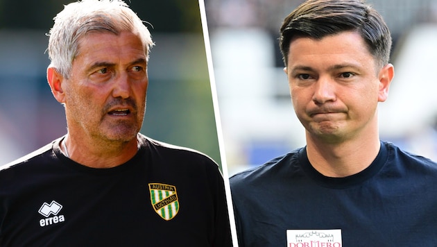 Die Trainer des SC Austria Lustenau und des SCR Altach, Markus Mader und Ognjen Zarić ...