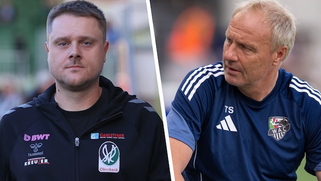 Die Trainer der SV Ried und des WAC, Mario Despotović und Thomas Silberberger ...