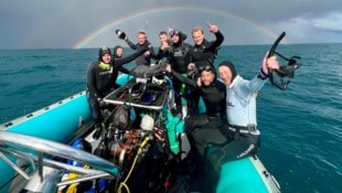 „Sardine Run“ in Südafrika: Wie ein imaginärer Schutzschild spannt sich der mächtige Regenbogen ...