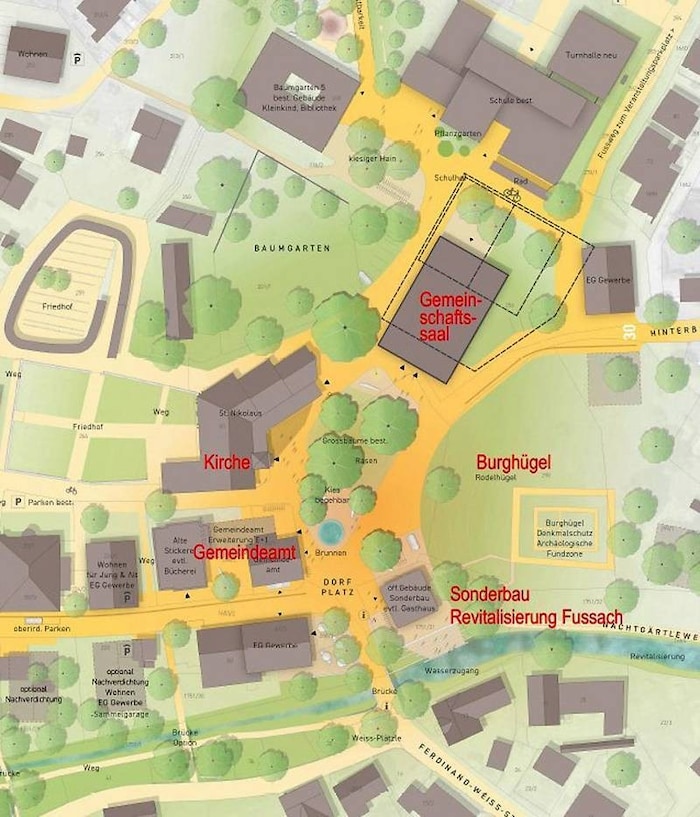 Das neue Dorfzentrum mit Kirche, Gemeindeamt und neuem Saal.