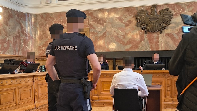 Der Angeklagte vor dem Richter-Senat beim Prozess am Dienstag im Salzburger Landesgericht.